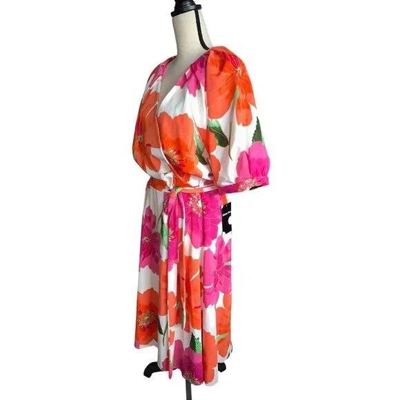 NWT Maison Tara Dress Floral Wrap Puff Sleeves Belt Orange Pink Flowers Chic 24W - Picture 2 of 7